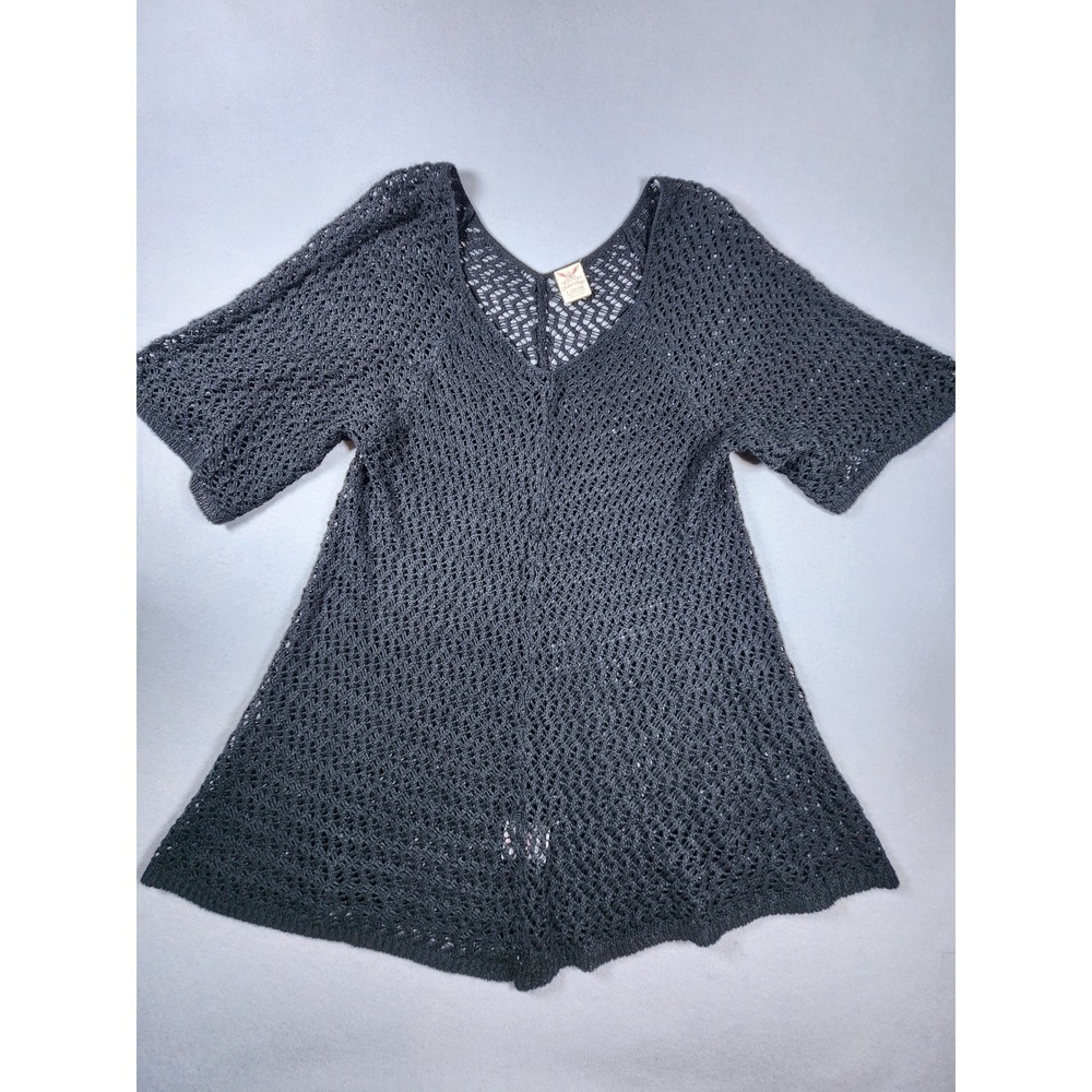 Boho Beach Womens Black Crochet V-Neck Short Sleeve Top Size L 12-14